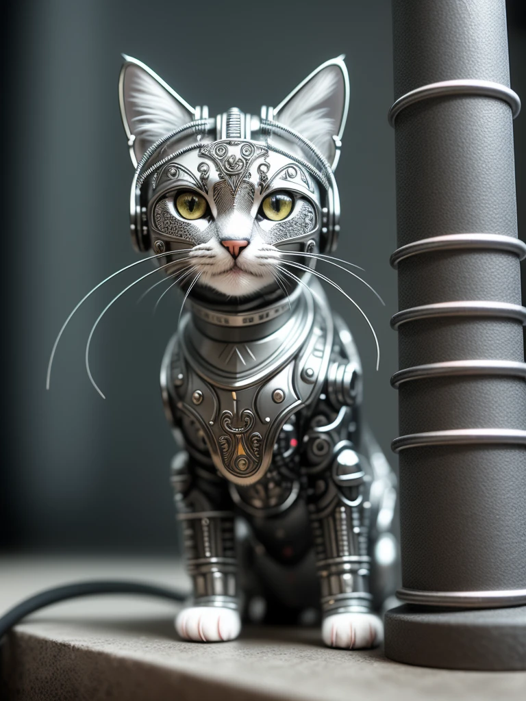 a cute kitten made out of metal, (cyborg:1.1), ([tail | detailed wire]:1.3), (intricate details), hdr, (intricate details, hyperdetailed:1.2), cinematic shot, Vignette, centered