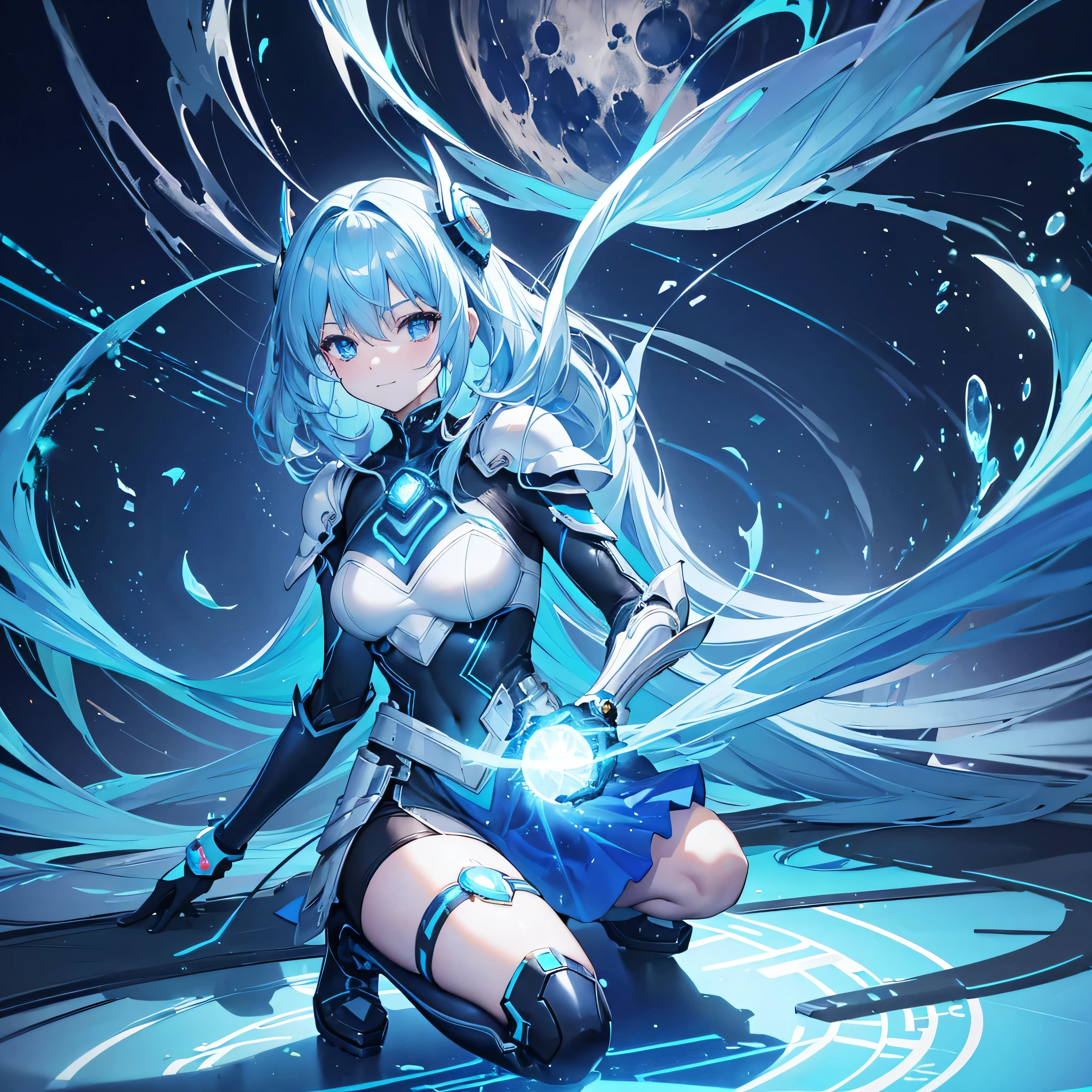 8K, Highest quality, (real:1.4), Original photo, 1 girl, Asari Hair, Biological Amplifier, Very sleek and futuristic armor, posture: Peace talks between warring factions,,attention arousal, smart blue eyes,A modest smile,Knee-high boots,Patent-look blue tights,Blue big moon and blue light swirl in the background,Blue light from behind,blue light magic,A small, glowing blue ball in the palm of your hand,Blue flame swirl,Blue Comet,Polished floor,