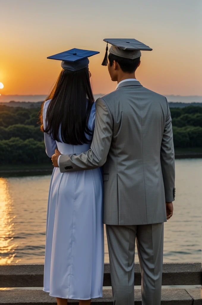 a guy with graduation cap with his gf who wears formal attire while staring at the sunset together only show their back and dint give the girl a graduation cap