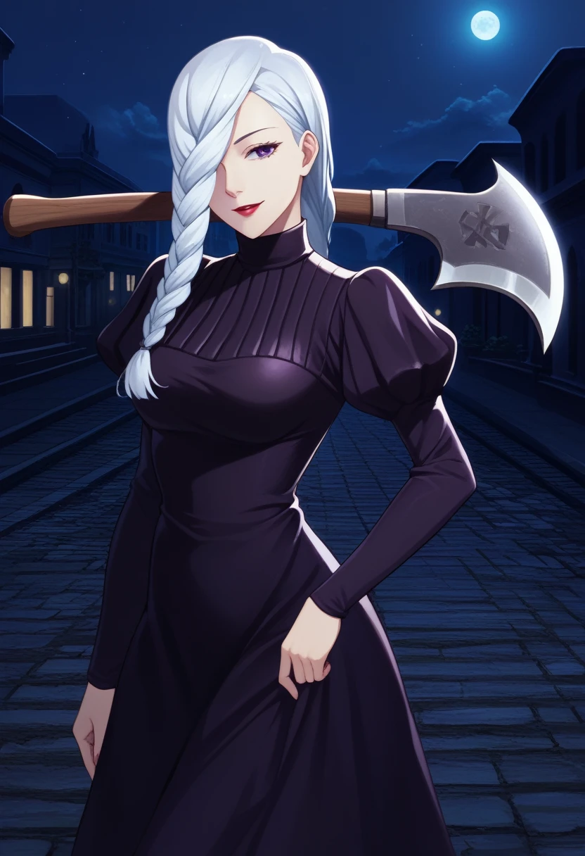 score_9_up, score_8_up, score_7_up, 1girl, solo, mature female, mei mei, (((holding axe))), (((large axe))), hand in hair, crow on shoulder, looking at viewer, white hair, braid, hair over one eye, half closed eye, braided ponytail, braided bangs, purple eye, red lips, parted lips, smile, long sleeves, dress, puffy sleeves, black dress, juliet sleeves, turtleneck dress, outdoors, night time, city, standing
