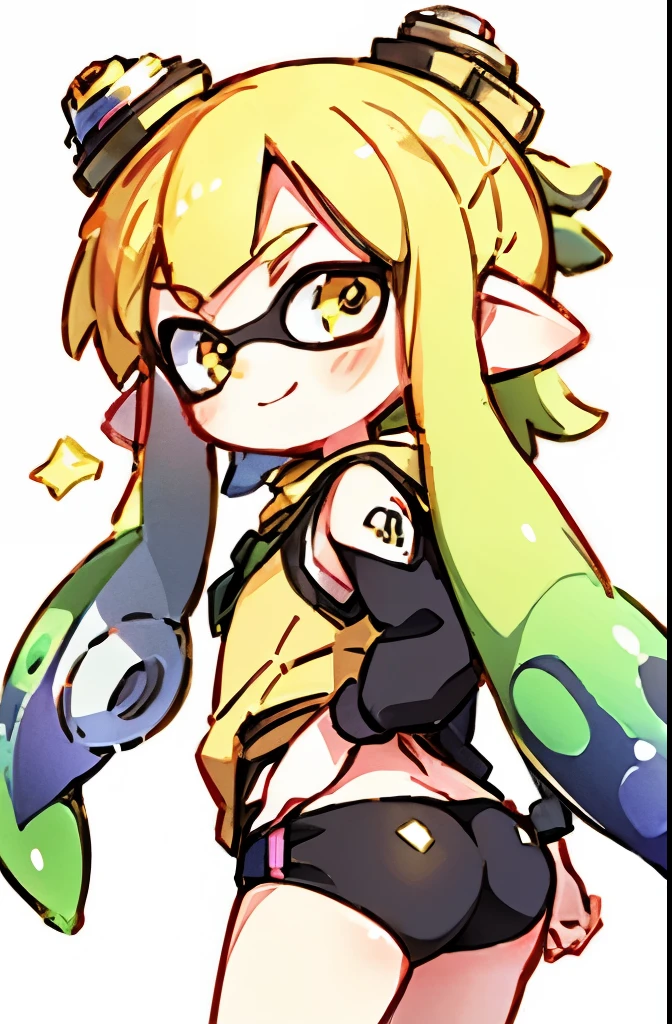 Chibi、splatoon girl、Butt、Golden Eyes、Long tentacle hair with prism gradient、Anime Color、smile、masterpiece、Highest quality、High resolution、Real Anime、3d