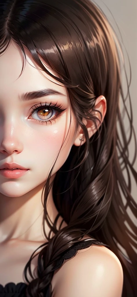 Preserve facial features，Illustration sense，Line drawing design drawing outlined eyes,long eyelashes,thin eyebrows,thick lips,dark brown eyes,fringe,hair a little below the shoulders,dark brown hair, 