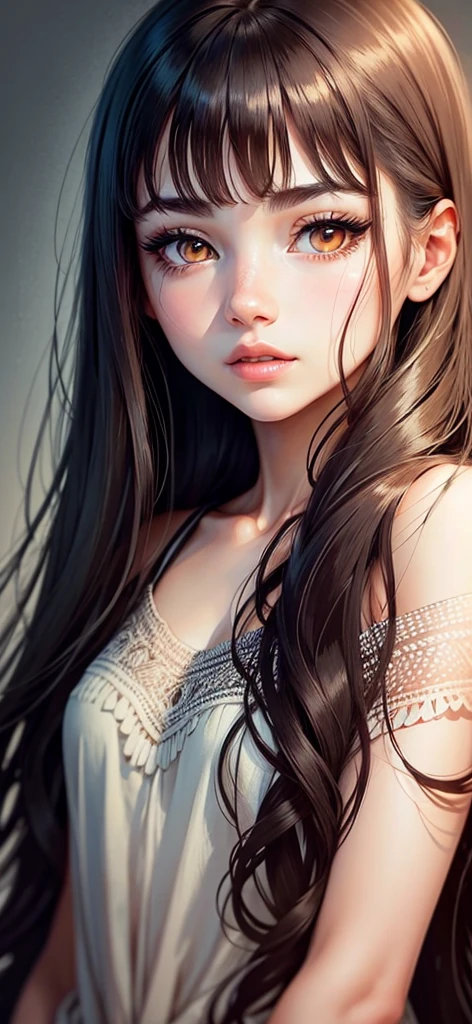 Preserve facial features,Illustration sense,Line drawing design drawing outlined eyes,long eyelashes,thin eyebrows,thick lips,dark brown eyes,fringe,hair a little below the shoulders,dark brown hair,