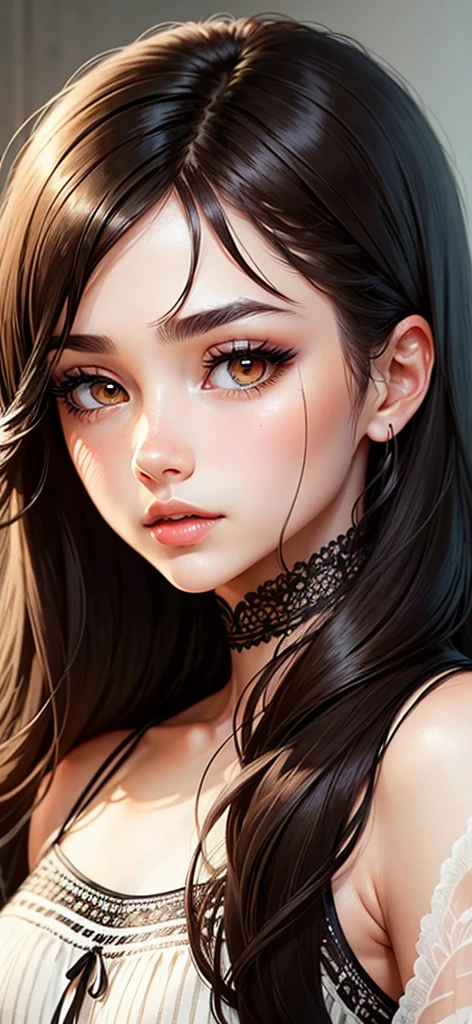 Preserve facial features，Illustration sense，Line drawing design drawing outlined eyes,long eyelashes,thin eyebrows,thick lips,dark brown eyes,fringe,hair a little below the shoulders,dark brown hair, 