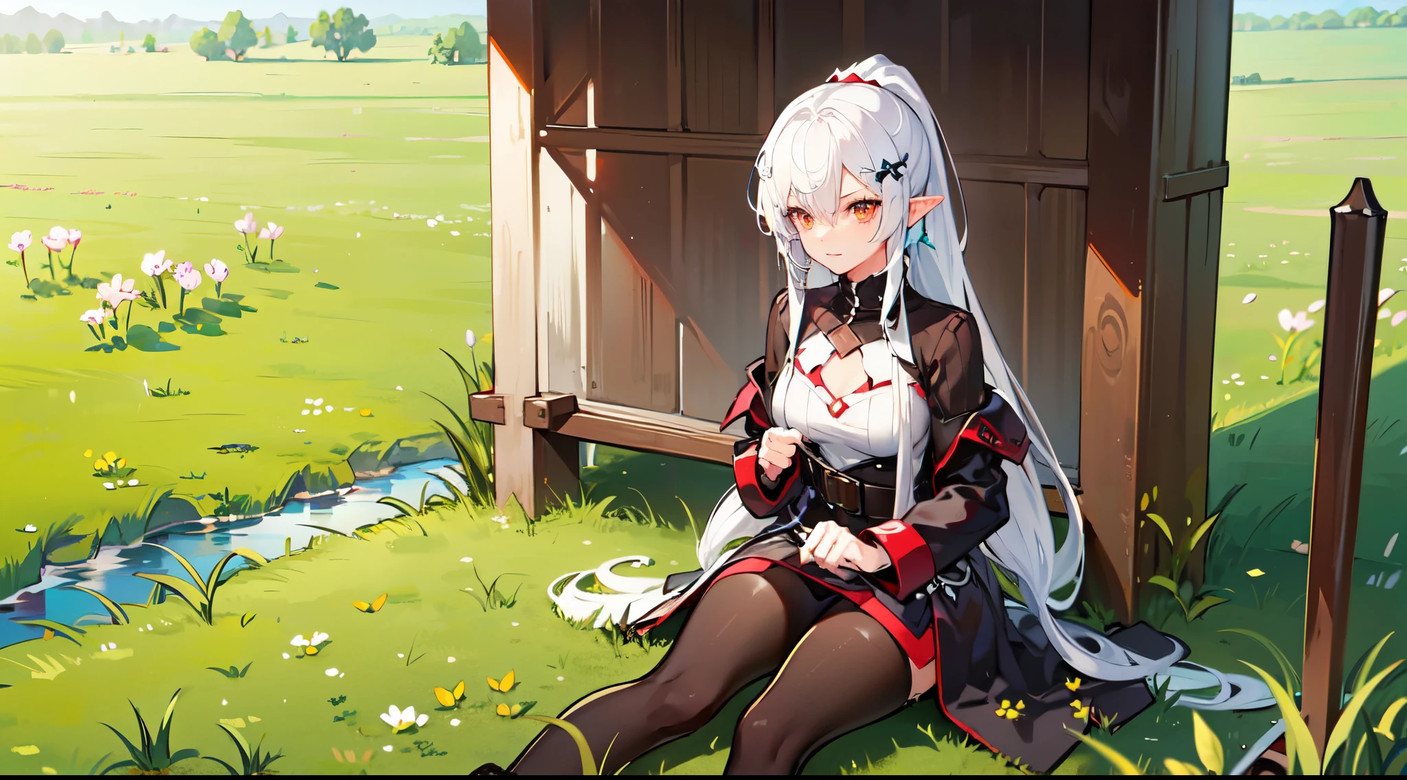 a girl, white hair, yellow color eye, elf, Mid Chest, Long ponytail hairstyle, Adventure theme, View of the star, sitting in the grass, river