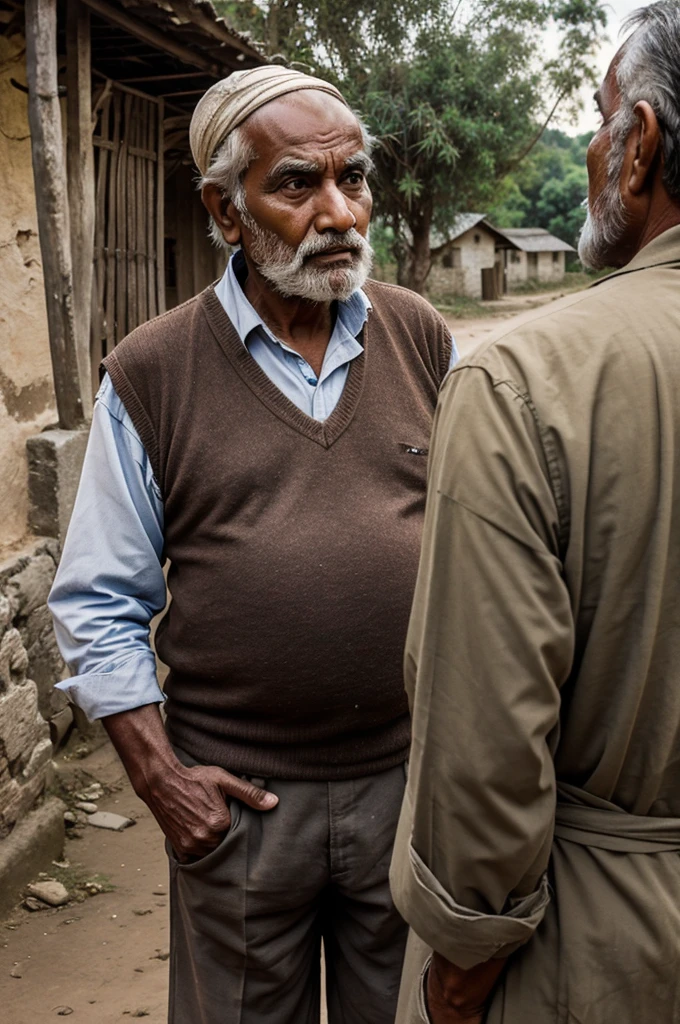 An old man in a small, remote village revealing the truth to Rajesh. The old man looks wise and the village appears timeless.