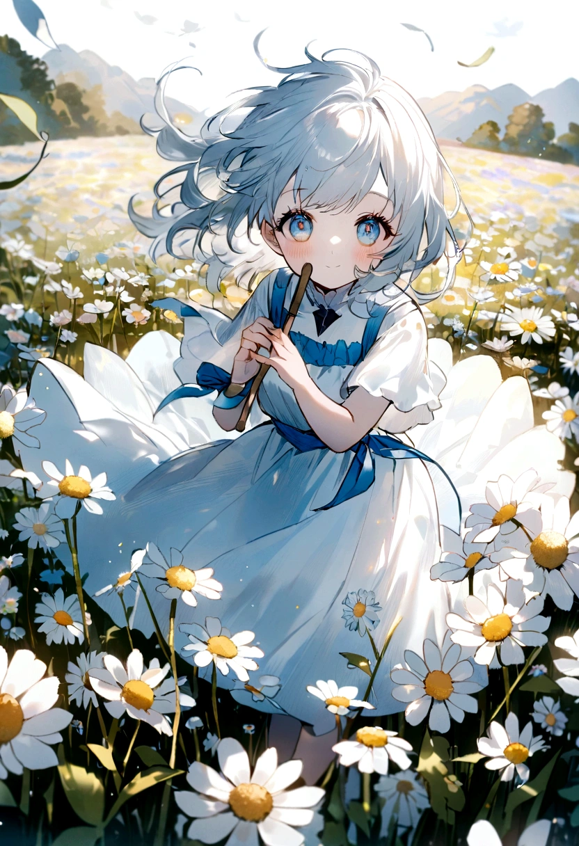 A flower field、Blooming flowers dance in the wind，Girl in Flowers，Light blue and silver design，Pay attention to the texture of skin and flowers，Sony FE 12-24mm F/2.8 grams，Standing in a flower field in full bloom，White dress，Eco-friendly craftsmanship，Exploring brushwork