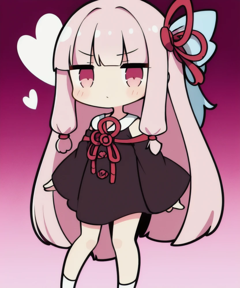 Chibi,(masterpiece, Highest quality:1.2),One girl, Kotonoha Akane,View your viewers, Beautiful background,SD Character,Pink Hair,hair ribbon 1:2, Black Dress, Removable sleeves, Wide sleeves, Bare shoulders,Very detailed,Beautiful lighting, High resolution,Full body pose 1.2,Pink background gradient,heart