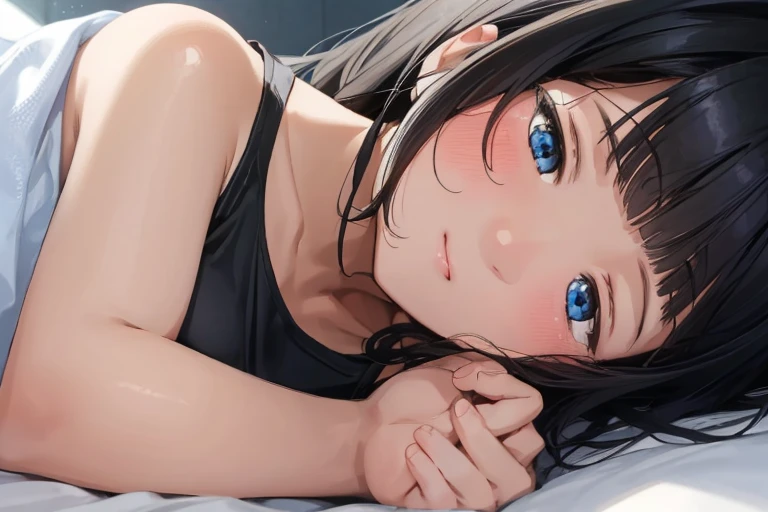 masterpiece、Highest quality、1 female、Very detailed Black Hair、Blunt bangs blue eyes、Detailed depiction of the eyes smile、blush Tank top Face is close、Face close-up、Bring your face closer Sheetに寝転がる、Lie down Sheet