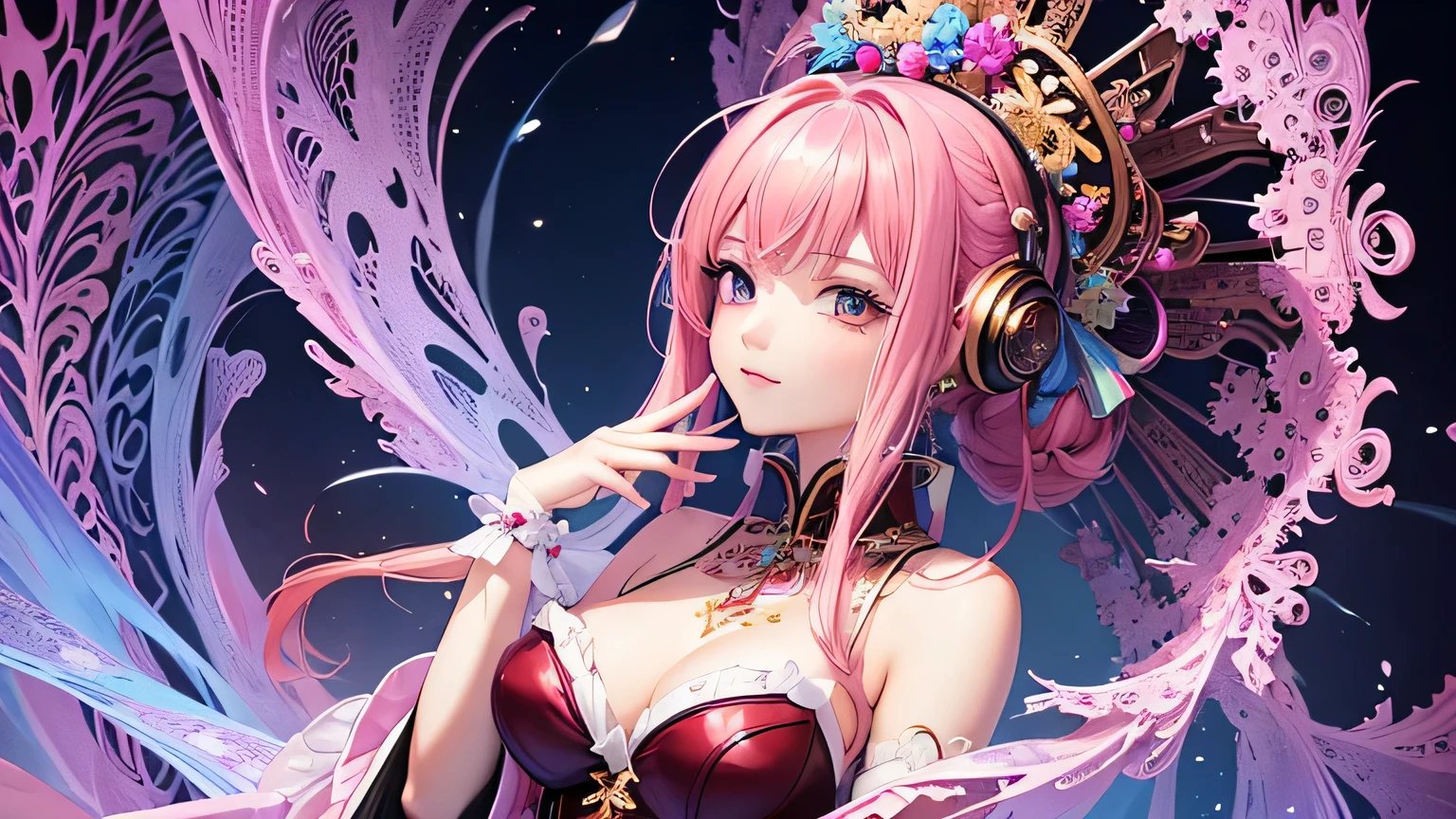 masterpiece, Highest quality, Highest quality, Official Art, beautifully、aesthetic:1.2), (One girl), Very detailed,(Fractal Art:1.3),colorful,Most detailed pink hair、I have headphones on。No exposure。Gorgeous hair decoration、The gorgeous attire of a prostitute。Costumes worn during the courtesan procession。
