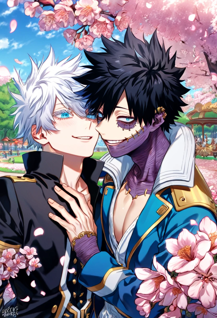 absurdres, highres, ultra detailed, HDR, master piece, best quality, extremely detailed face, delicated features, Dabi, black hair, expressive turquoise eyes, Boku No Hero Academia, Gojou Satoru, white hair, expressive blue eyes, white eyelashes, two sexy men together, yaoi, gay couple, handsome, smiling, blue jacket with fur, black coat, fantasy, magical, blossoms, pink flowers, pink butterflies, park