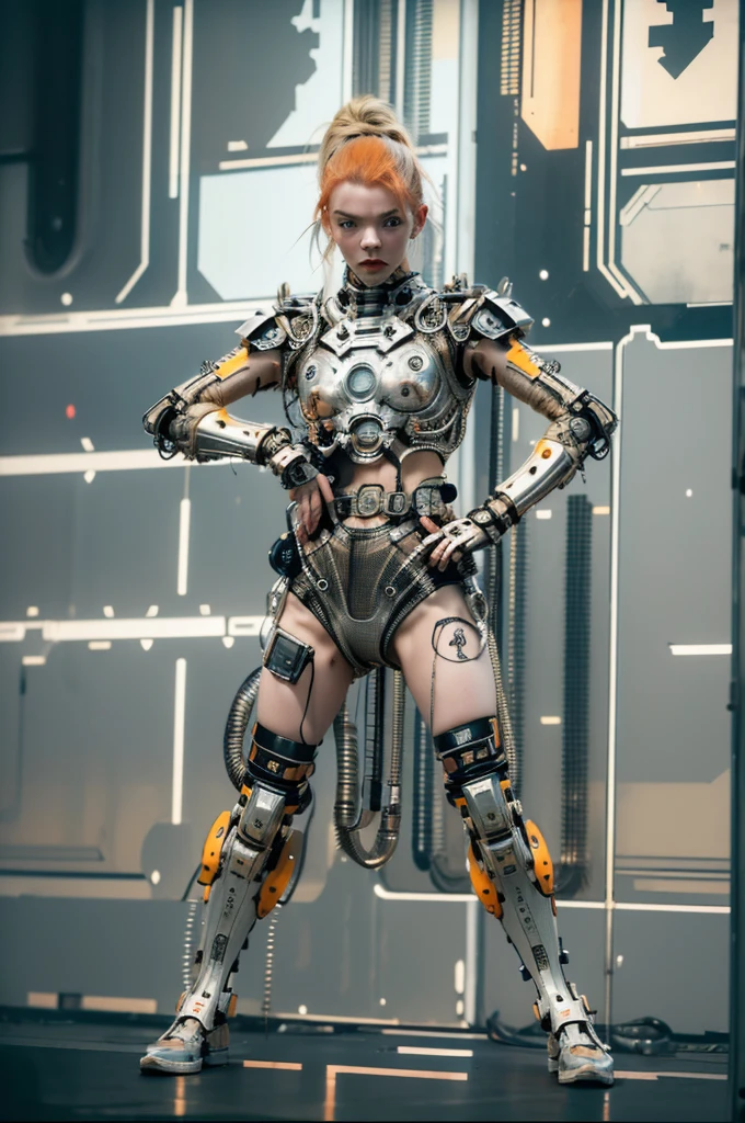A highly detailed and realistic skull girl,( Anya. Taylor Joy) cyberpunk character, mad max furiosa, one hand robot, cyborg arm, orange hair, dramatic metal heavy rock theme, best quality, 8k, hyperrealistic, photorealistic, extreme detailed painting, studio lighting, vivid colors, dark moody atmosphere, cinematic, dramatic pose, intricate mechanical details, glowing energy effects, intense gritty textures, seamless integration of organic and inorganic elements. Wearing the used clothes of a wastelander. Background: An apocalyptic wasteland. Dusty and depressing.