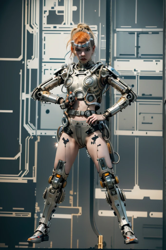 A highly detailed and realistic skull girl,( Anya. Taylor Joy) cyberpunk character, mad max furiosa, one hand robot, cyborg arm, orange hair, dramatic metal heavy rock theme, best quality, 8k, hyperrealistic, photorealistic, extreme detailed painting, studio lighting, vivid colors, dark moody atmosphere, cinematic, dramatic pose, intricate mechanical details, glowing energy effects, intense gritty textures, seamless integration of organic and inorganic elements. Wearing the used clothes of a wastelander. Background: An apocalyptic wasteland. Dusty and depressing.