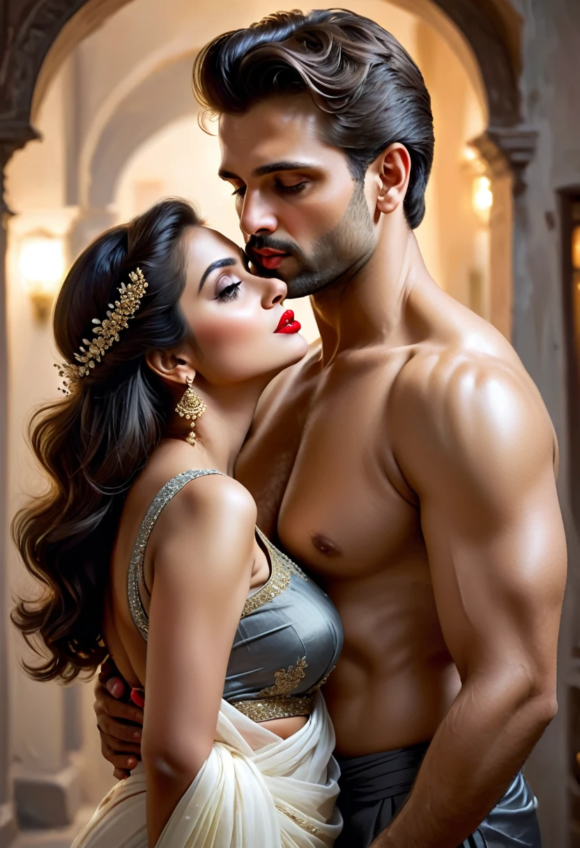 a close up of a man kissing a girl in a sleeveless saree, man is half , ((red lips, bright eyes, curve heir 1.5)), ((beautiful details very big brea (Straight round and ultra huge clevage, not sagging breast), Aous gorgeous, glorious gorgeous face, pretty face, bright eyes, white saree, updo elegant hair, blurred gray tones background, ultra focus, face ilumined, face detailed, 8k resolution, painted, dry brush, brush strokes, razumov style and garmash style, by Tokaito, ((Full Open )), full body, sexy open thin by, night ambience