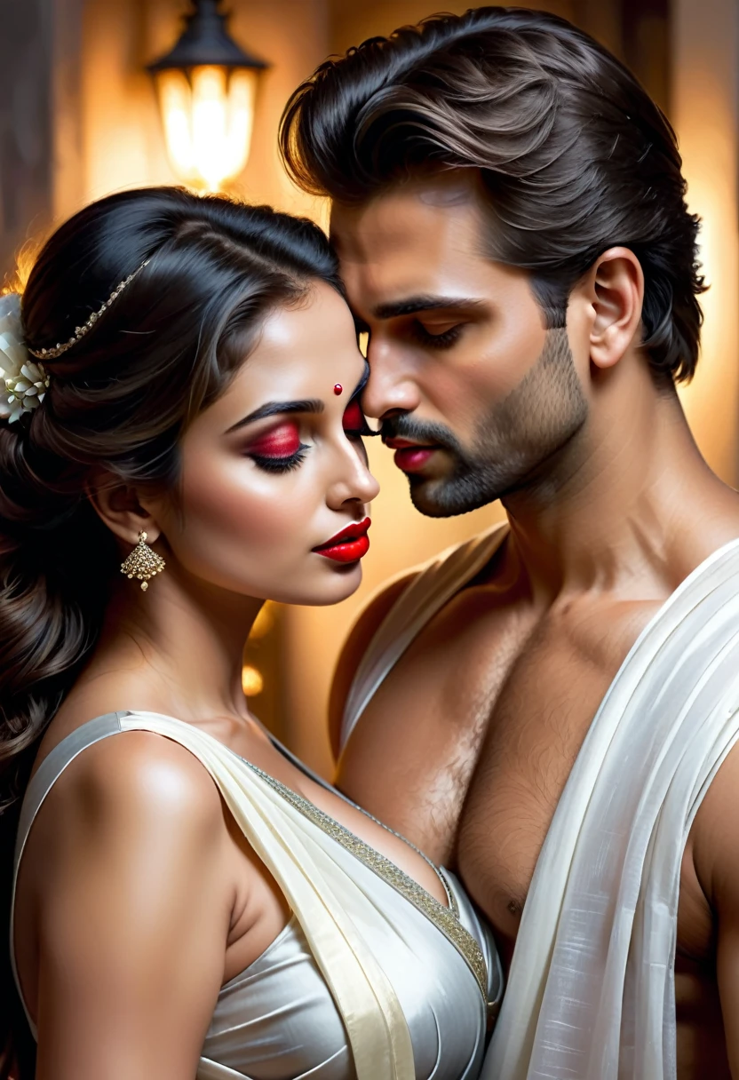 a close up of a man kissing a girl in a sleeveless saree, man is half nude, ((red lips, bright eyes, curve heir 1.5)), ((beautiful details very big breast )), (Straight round and ultra huge clevage, not sagging breast), A glorious gorgeous, glorious gorgeous face, pretty face, bright eyes, white saree, updo elegant hair, blurred gray tones background, ultra focus, face ilumined, face detailed, 8k resolution, painted, dry brush, brush strokes, razumov style and garmash style, by Tokaito, ((Full Open )), full body, sexy open thin belly, night ambience