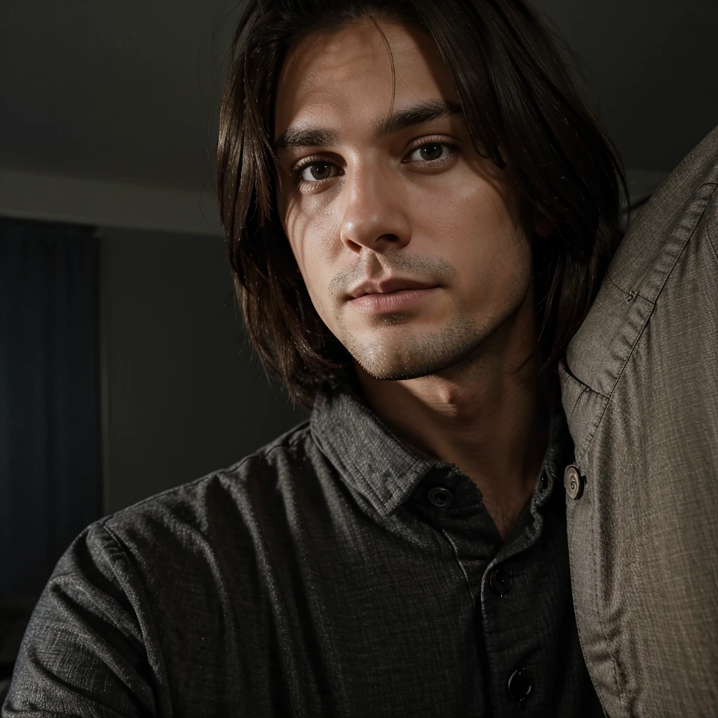 Face Brunette man hacker, dark bedroom 