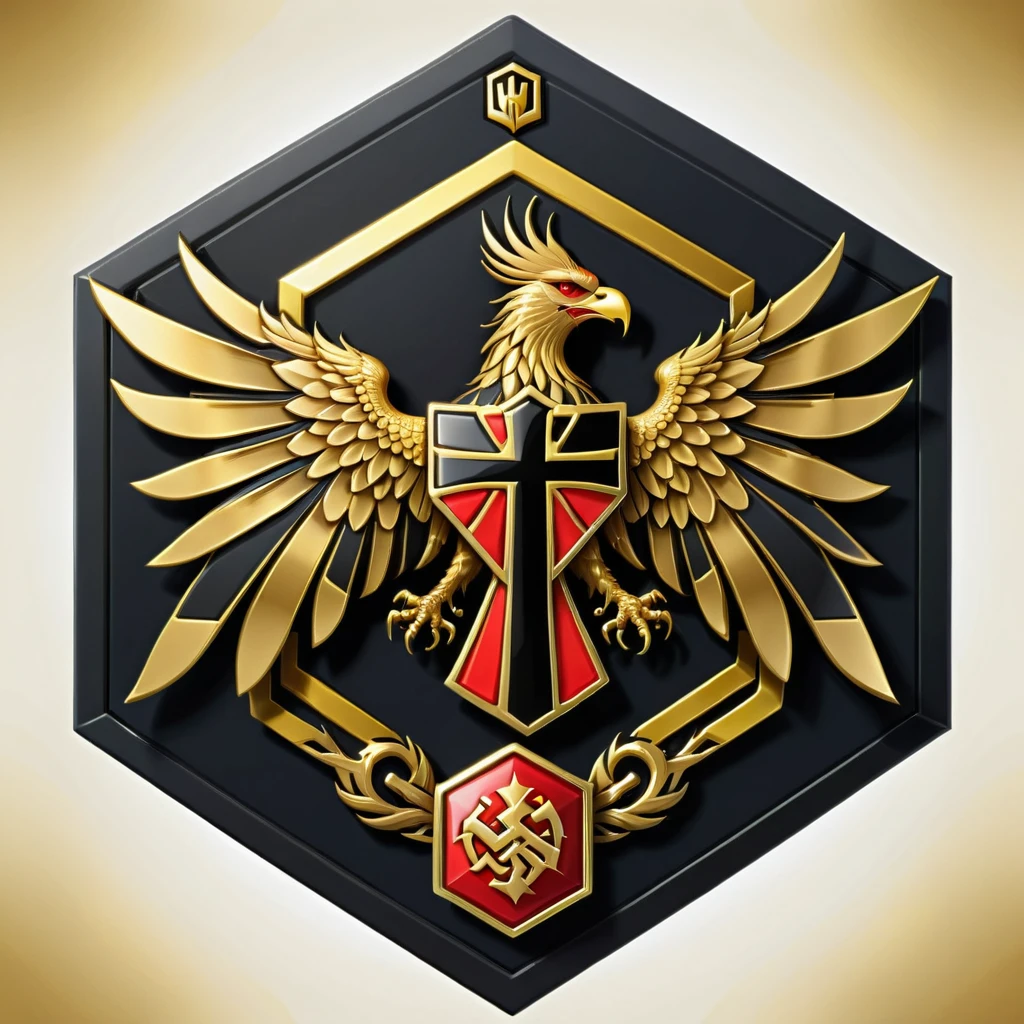 a stylized German flag coat of war emblem with a golden 2-headed phoenix,  next to a black cross , Hexagon, vector, best qualityer, Text " wolf king"