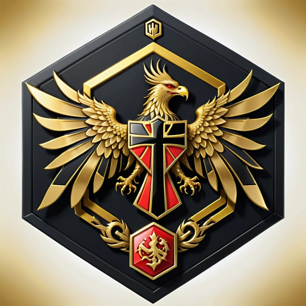 a stylized German flag coat of war emblem with a golden 2-headed phoenix,  next to a black cross , Hexagon, vector, best qualityer, Text " wolf king"