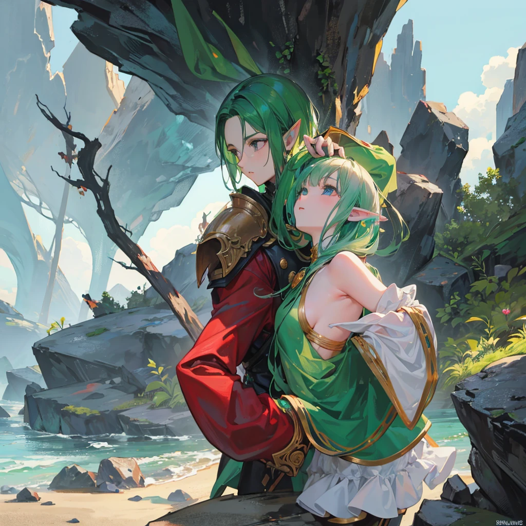 The elf man grabbed a human woman by the back of her mouth and stood behind a rock and died