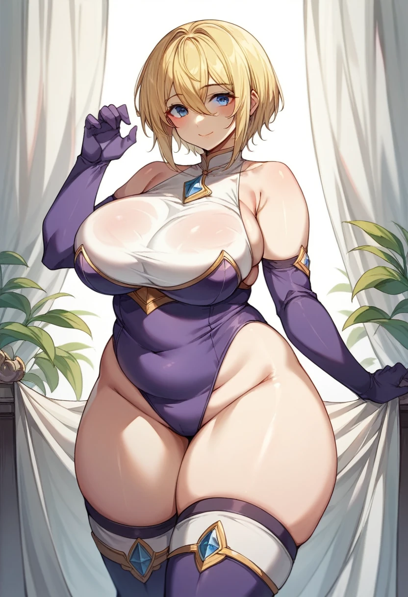 (One girl)、((short hair))、((Blonde))、(Sato Air)、((boyish))、((Big super breasts))、(Chubby)、beautiful girl、((Big thighs))、Blue Eyes、(Purple Leotard)、(White sleeveless)、Princess Knight、((hairs between eyes))、((thigh-high socks thighhighs))、(long gloves)、smile、((see-through))
