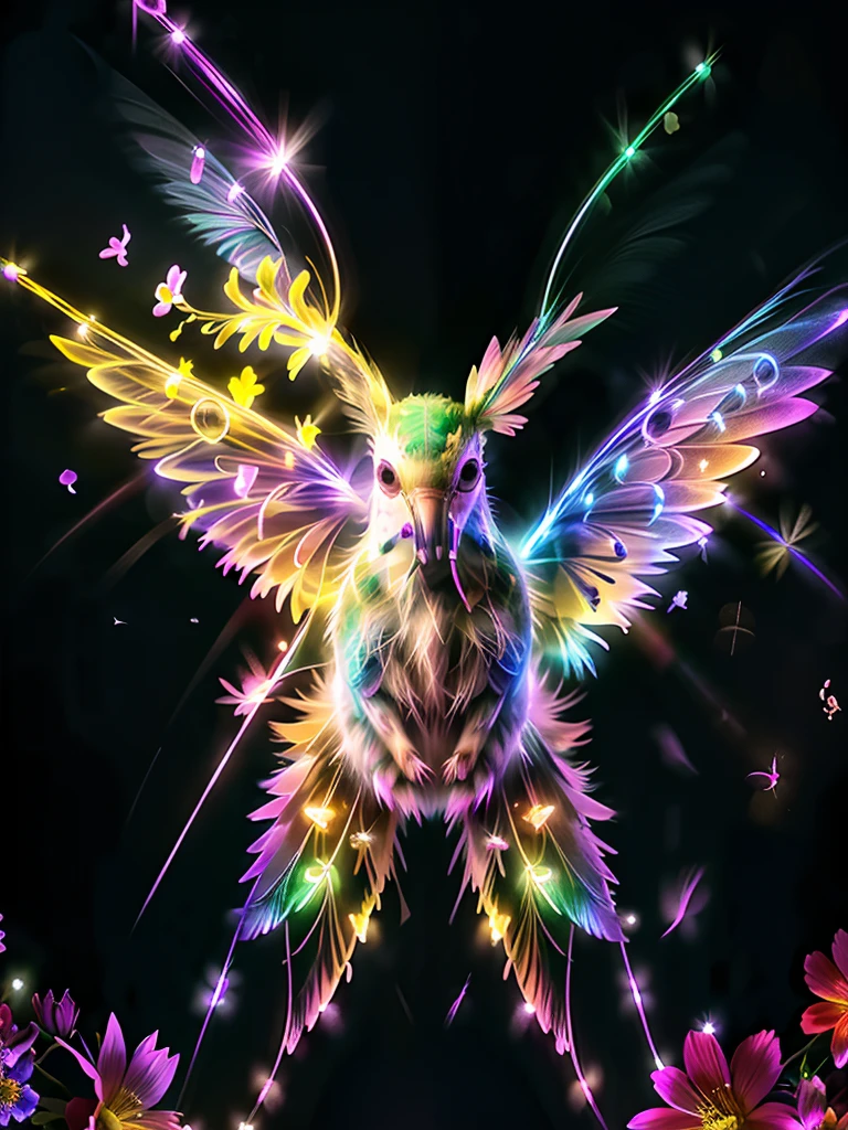This stunning macro photo captures a hummingbird with its wings complete on a colorful flower illuminated by beautiful volumetric lighting.