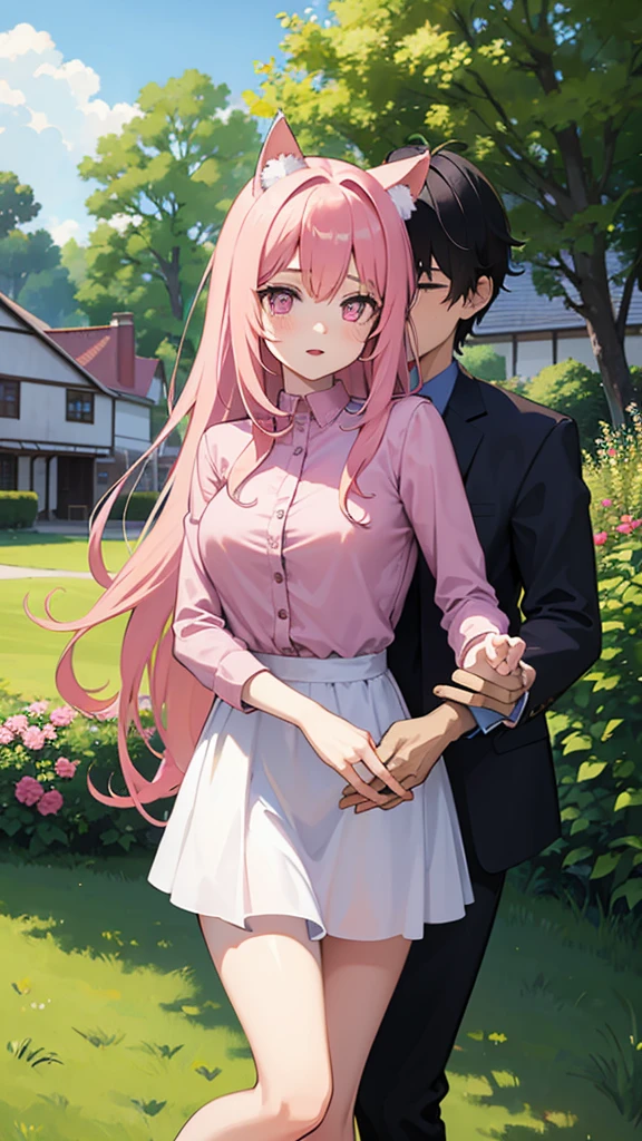 Girl with cat ears and pink hair hold her boyfriend in Green meadow Behind them is a house with pink eyes 
