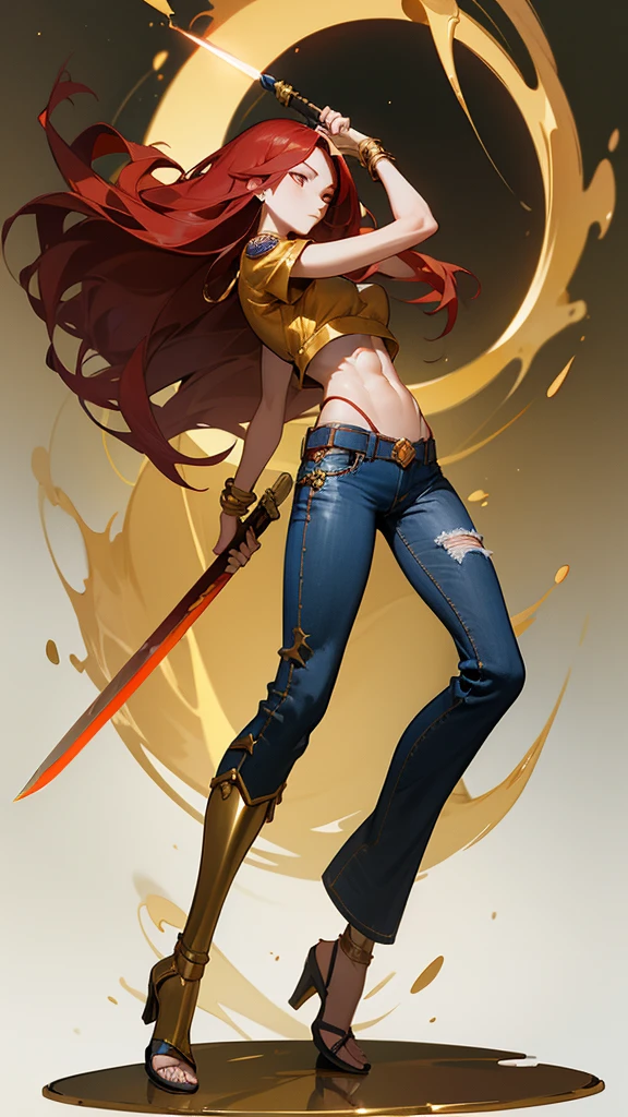 a woman holding a sword,long red hair,no eyes,full body,wielding long sword,midriff,pants,high heels,bracelet,toned abs, sandals,denim,jeans,blue pants,golden prosthetic left arm,golden prosthetic legs,golden helmet