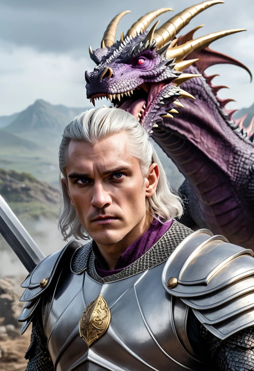 (masterpiece, 8K, UHD, high resolution: 1.4), imposing portrait of Aegon Targaryen, (tall, broad-shouldered, powerful in appearance: 1.3), (piercing purple eyes, short silver and gold hair: 1.3), (wearing a shirt of black scales for battle: 1.2), (wielding the Valyrian steel sword, Blackfyre: 1. 3), (Valyrian steel crown with large square-cut rubies: 1.2), (mounted on his imposing dragon during a battle: 1.3), (landscape of a battlefield in the background: 1.1), (authoritative and charismatic atmosphere: 1.3), realistic and intricate details, (elements of fantasy and history: 1.2), (heroic and enigmatic perspective: 1.3)
Translated with DeepL.com (free version)