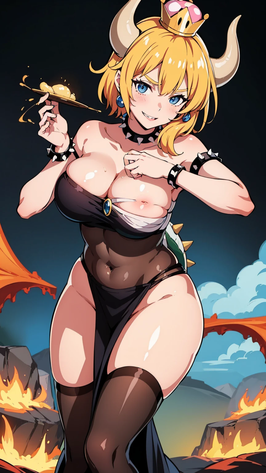 best quality, high resolution, large breasts, blonde hair, blush, Evil smile, cowboy shot, looking at viewer, bowsette, pink lip, in a volcano with lava, (((sexy shoulders))), (((shoulders Focus))), (((showing shoulders, sexy pose)))