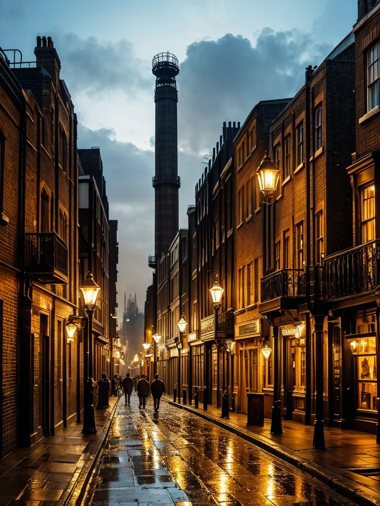 London street in the late 1800s, but with a steampunk twist. Towering clockwork buildings with smokestacks puffing out steam, gaslight lamps casting an orange glow, and airships gliding silently overhead. Cobblestones slick with rain reflect the gaslight and bustling activity.