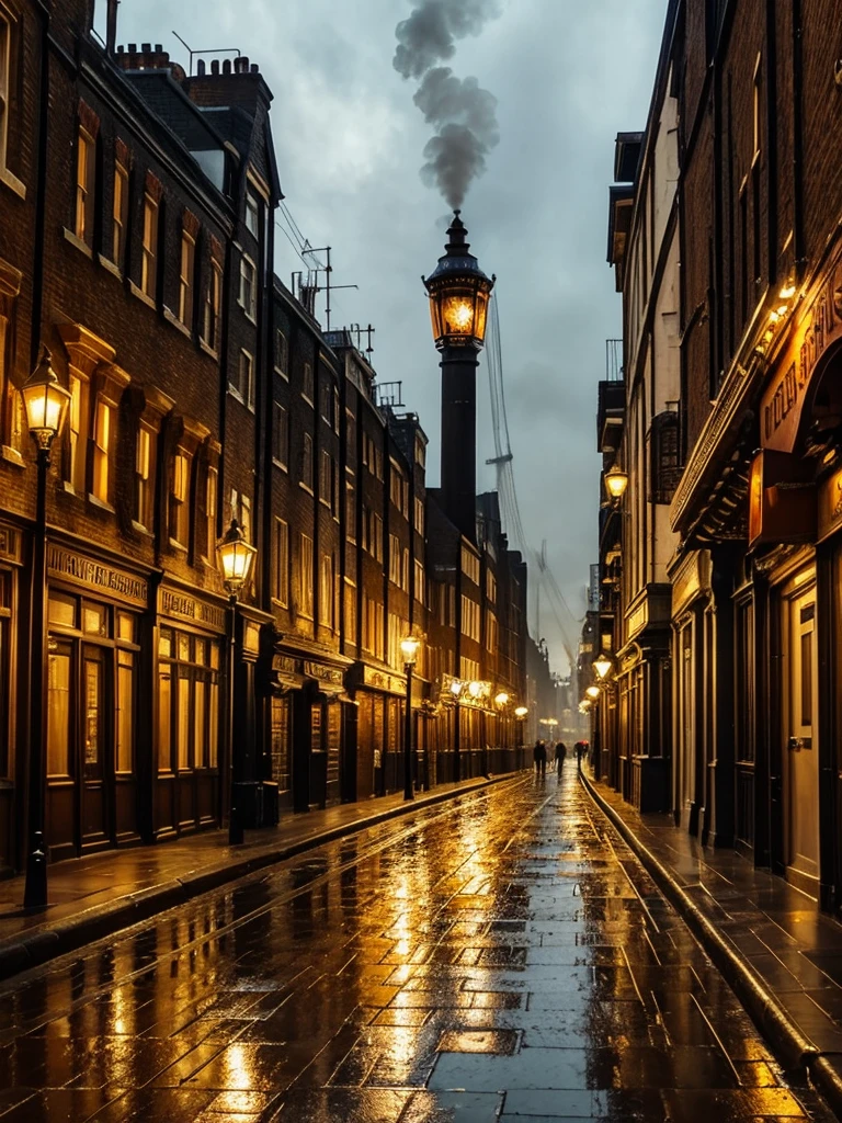 London street in the late 1800s, but with a steampunk twist. Towering clockwork buildings with smokestacks puffing out steam, gaslight lamps casting an orange glow, and airships gliding silently overhead. Cobblestones slick with rain reflect the gaslight and bustling activity.