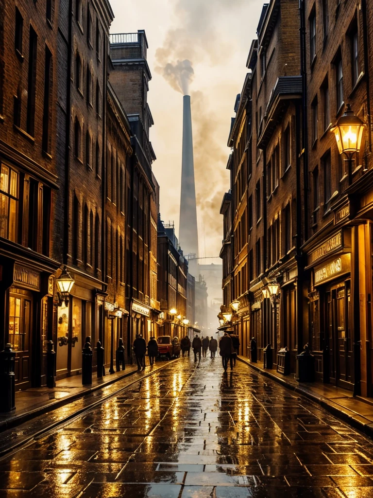 London street in the late 1800s, but with a steampunk twist. Towering clockwork buildings with smokestacks puffing out steam, gaslight lamps casting an orange glow, and airships gliding silently overhead. Cobblestones slick with rain reflect the gaslight and bustling activity.