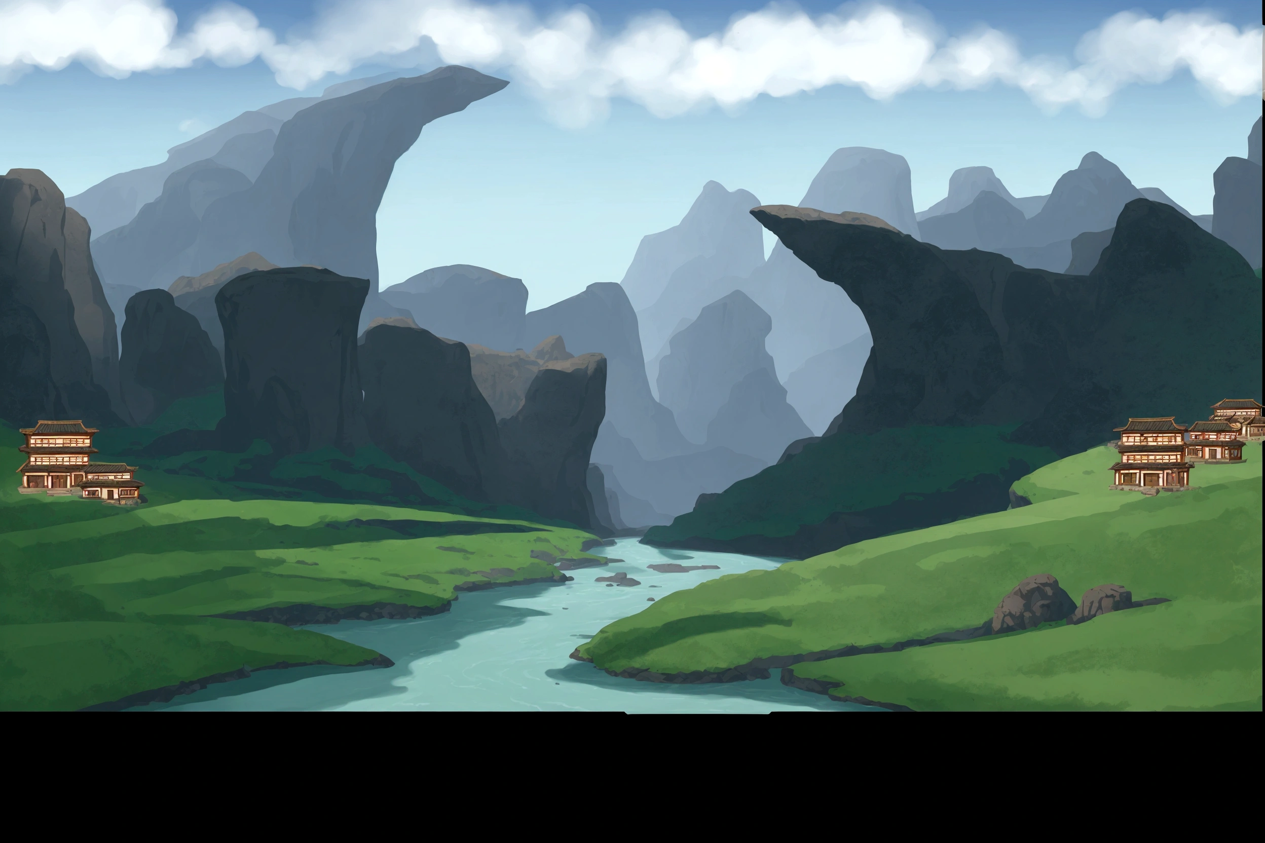 cartoon scene of a river running through a valley with mountains in the background, background art, background artwork, canyon background, random background scene, scenic background, landscape background, 2 d game art background, epic background, rocky environment, an epic landscape, distant village background, 2d game background, some mountains in the background, scenic environment, mountainous background, game background