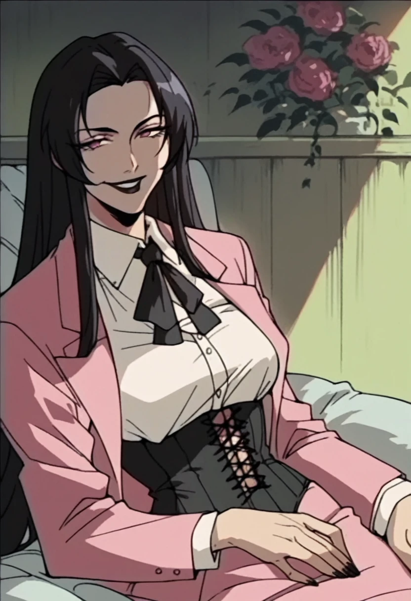 beautyful mature japanese woman, slim body, slender body, pink corporate suit, black tie, big long fringe black hair, black lipstick, black corset, milf, black chocker, black nacklaces, naughty smile