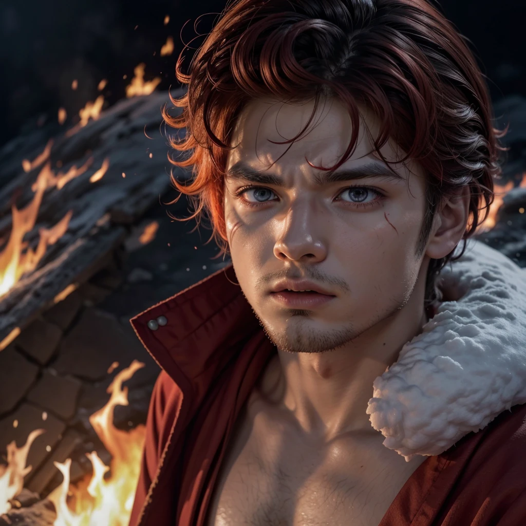 Man wearing fire robes, with eyes red with fury, hair that looks like flames, and fire comes out of his mouth, and is surrounded by burning snow.