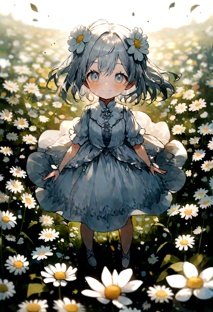 A flower field、Blooming flowers dance in the wind,A girl with a big smile,Light blue and silver design,Pay attention to the texture of skin and flowers,Sony FE 12-24mm F/2.8 grams,Standing in a flower field in full bloom,White dress,Eco-friendly craftsmanship,