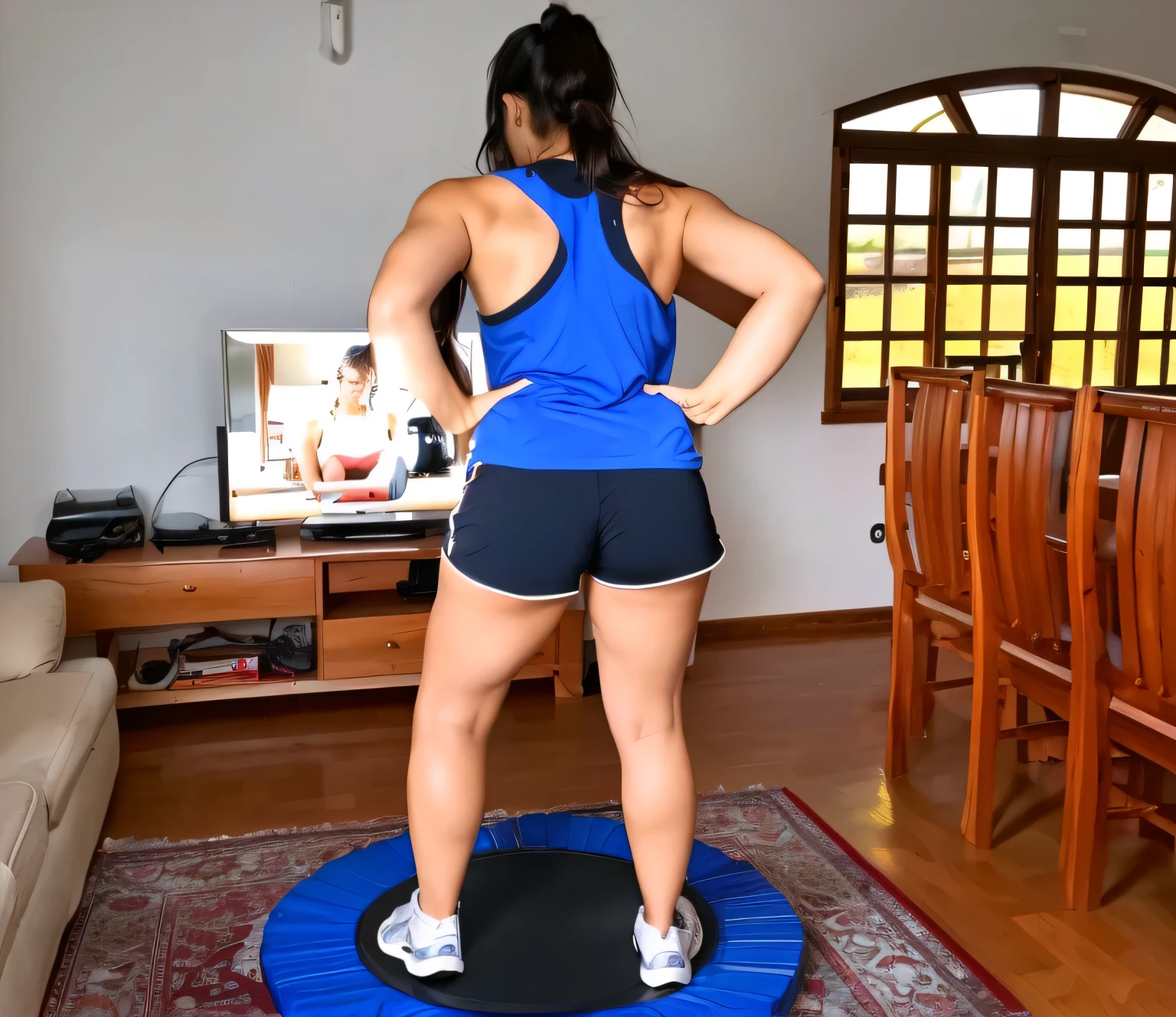 there is a woman standing on a trampol in a living room, back - shot, bouncing, fernanda suarez, caroline gariba, working out, backshot, rear-shot, indoor, back shot, full body wide shot, centered full body rear-shot, indoor shot, cottagecore!! fitness body, medium shot taken from behind