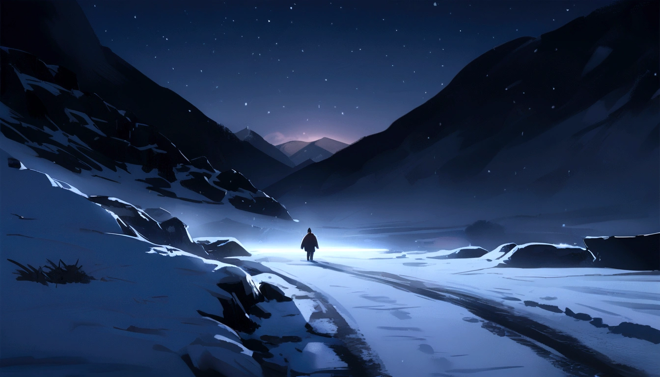 Person walking on a snowy road at night