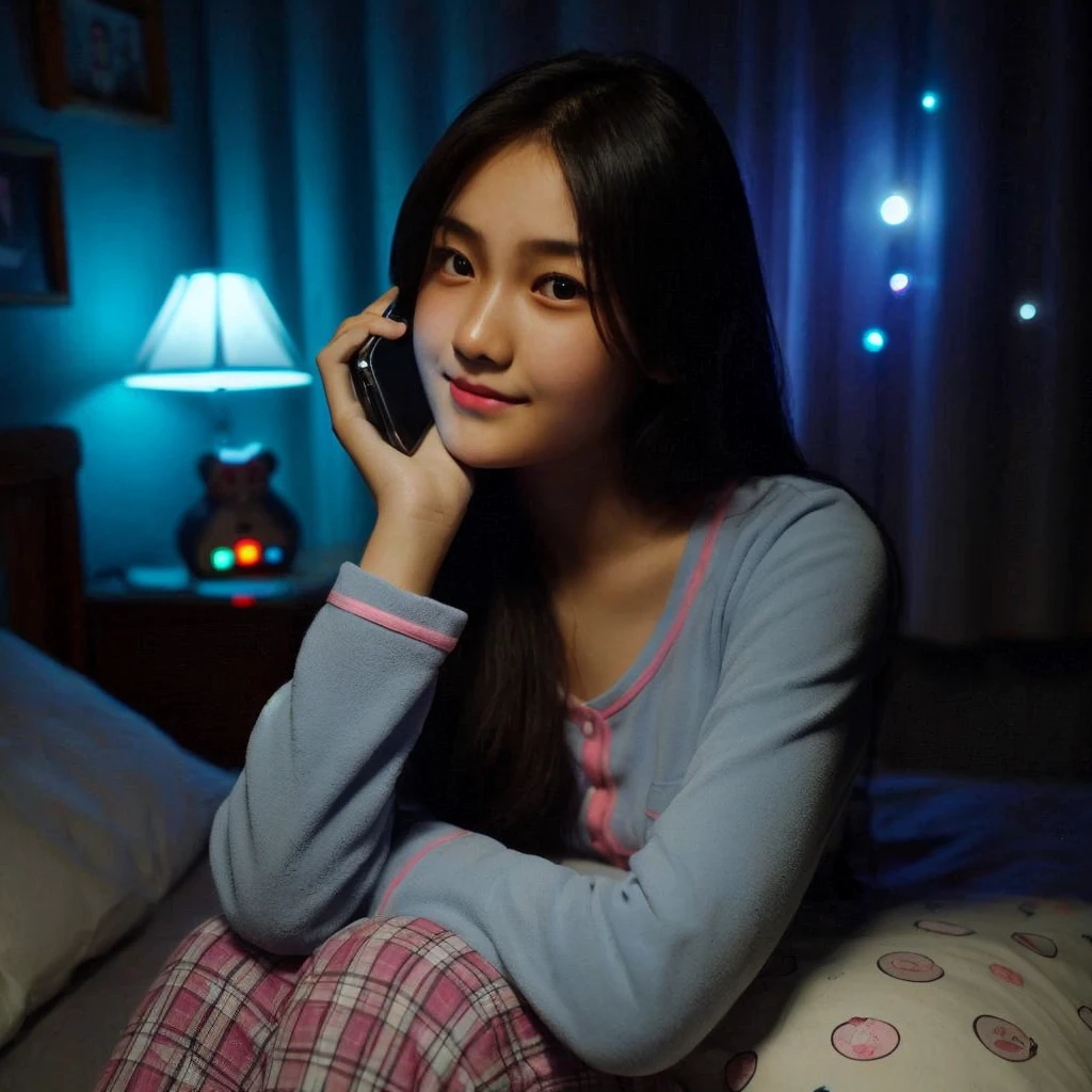 a 20 year old Indonesian girl was holding her chin while making a phone call on the bed , wearing pajamas to sleep, The background of the dark room is illuminated by the light of a bedroom lamp and the LED light glowing blue and pink 