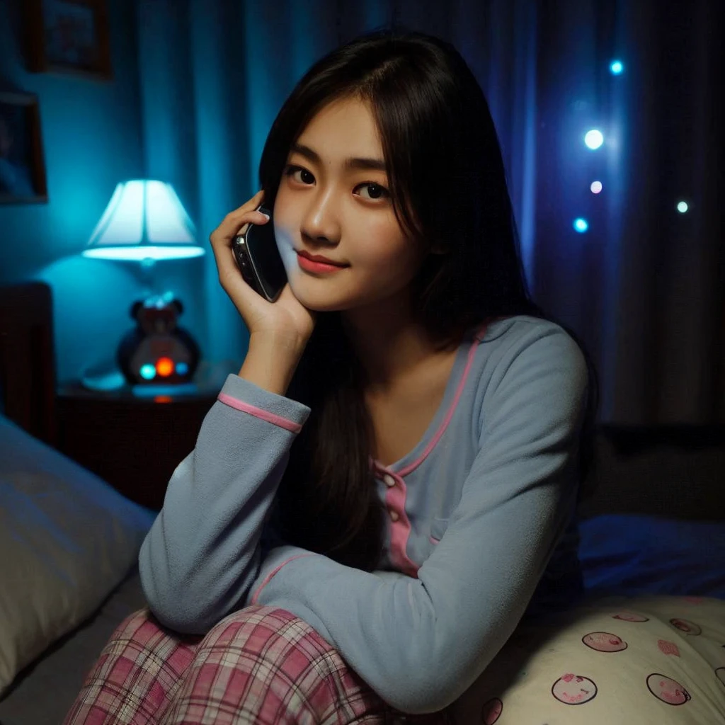 a 20 year old Indonesian girl was holding her chin while making a phone call on the bed , wearing pajamas to sleep, The background of the dark room is illuminated by the light of a bedroom lamp and the LED light glowing blue and pink