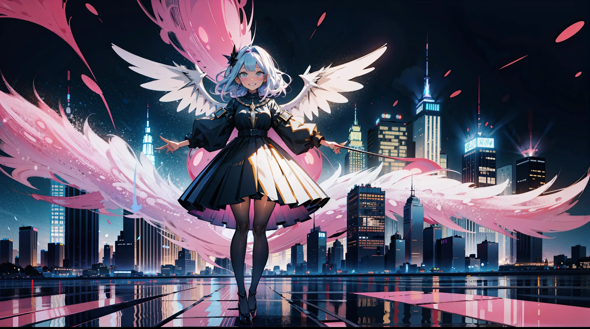 Laugh heartily, Gradient eyes, Full body, (The protagonist looks down on the demonic city:1.2), (MANHATTAN CITY:1.2), Not suitable for work