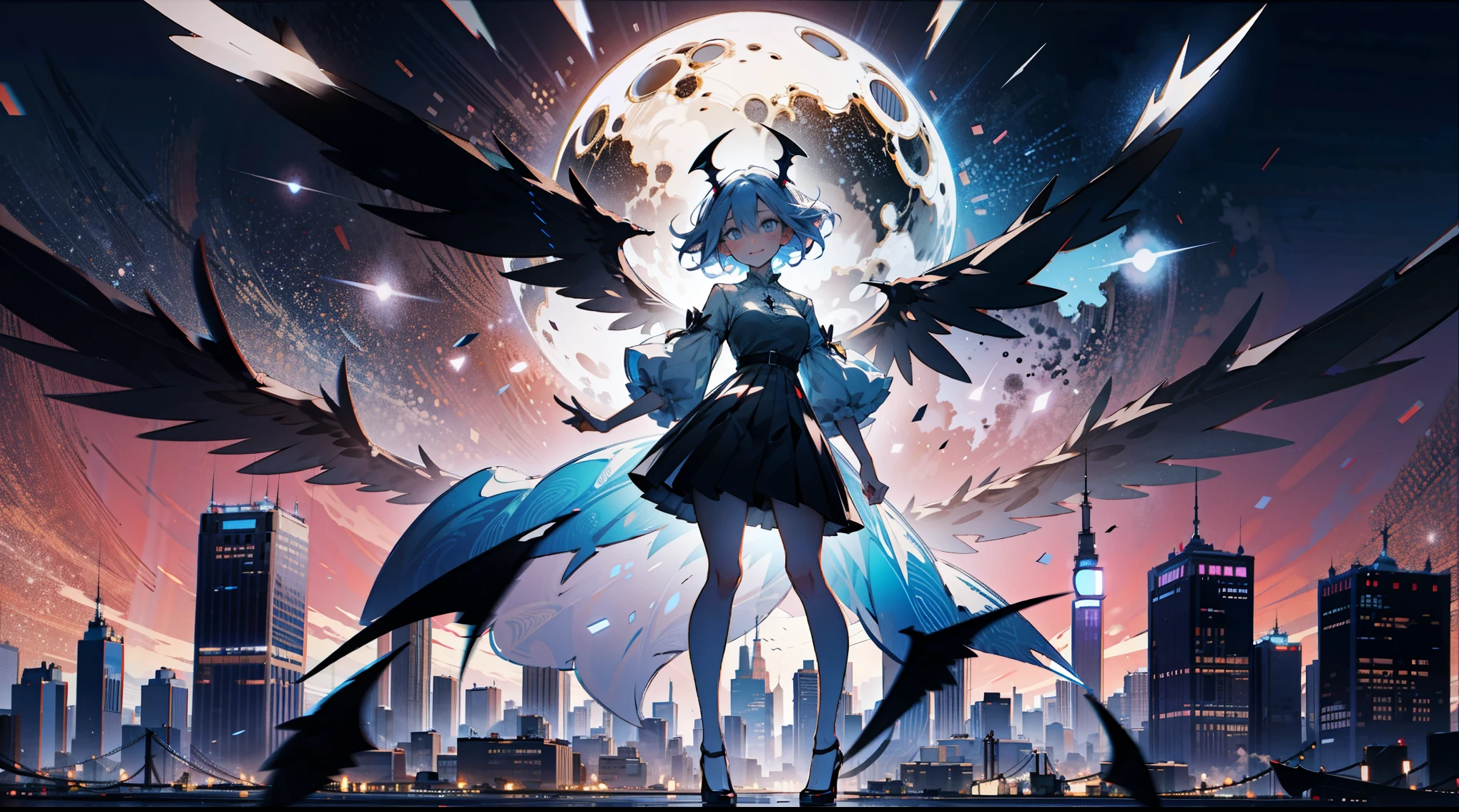 Laugh heartily, Gradient eyes, Full body, (The protagonist looks down on the demonic city:1.2), (MANHATTAN CITY:1.2), Not suitable for work