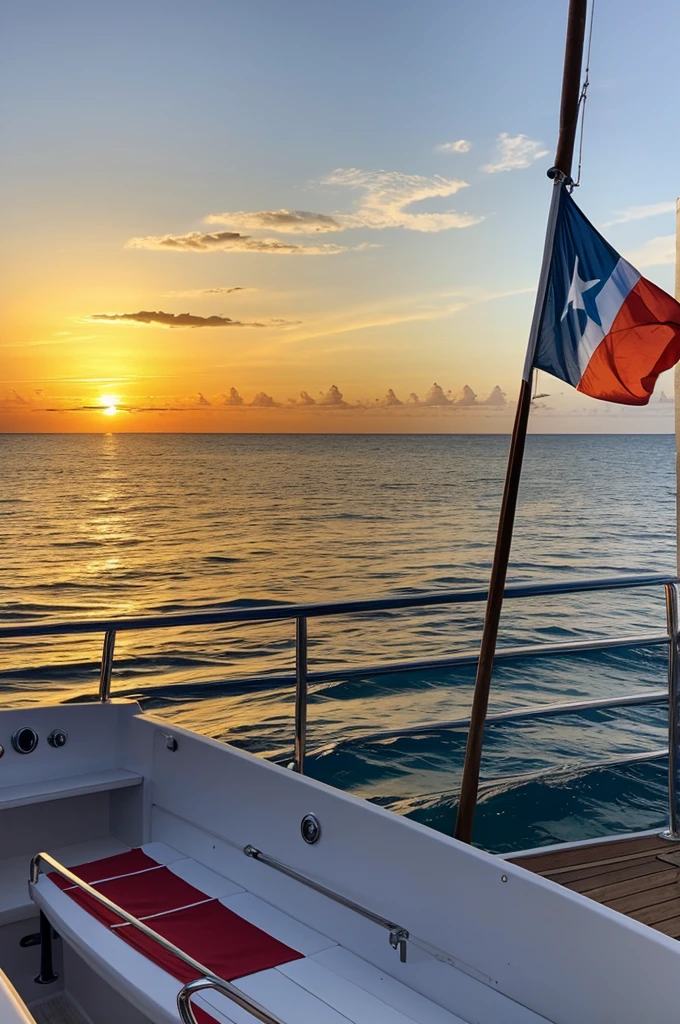 A cenary of a boat at the beach with the sun set and the puerto rican flag hanging