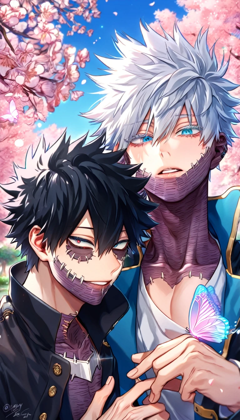 absurdres, highres, ultra detailed, HDR, master piece, best quality, extremely detailed face, delicated features, Dabi, black hair, expressive turquoise eyes, Boku No Hero Academia, Gojou Satoru, white hair, expressive blue eyes, white eyelashes, two sexy men together, yaoi, gay couple, handsome, blue jacket with fur, black coat, fantasy, magical, blossoms, pink flowers, pink butterflies, park
