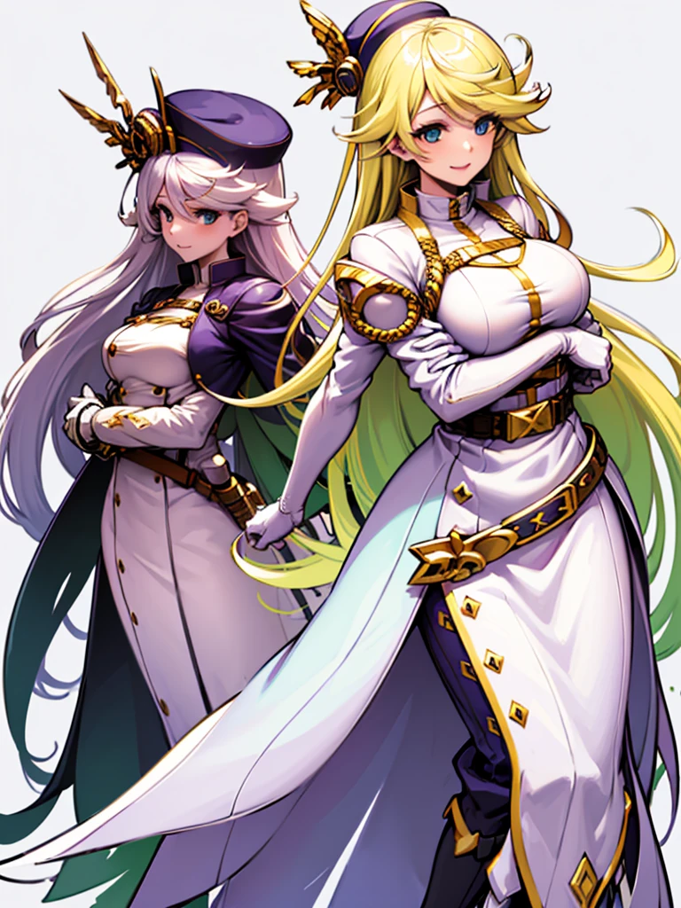 (hyper extreme detailed),(masterpeace),(hyper extreme),(photorealistic),CG,(colour:1.1), beautiful lighting,light from the front,solo,1girl,white background,  light_elena,blond hair,green eyes,white long dress,belt,high heel boots,white long grove,hat,