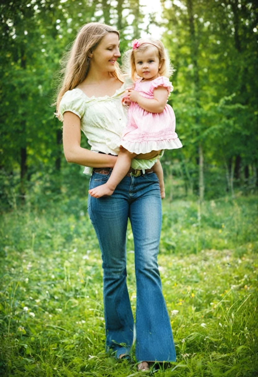 young mother with daughter in jeans with flounce in park, 19th century photo, deep focus, vintage film grain, color correction retro style, soft lighting,