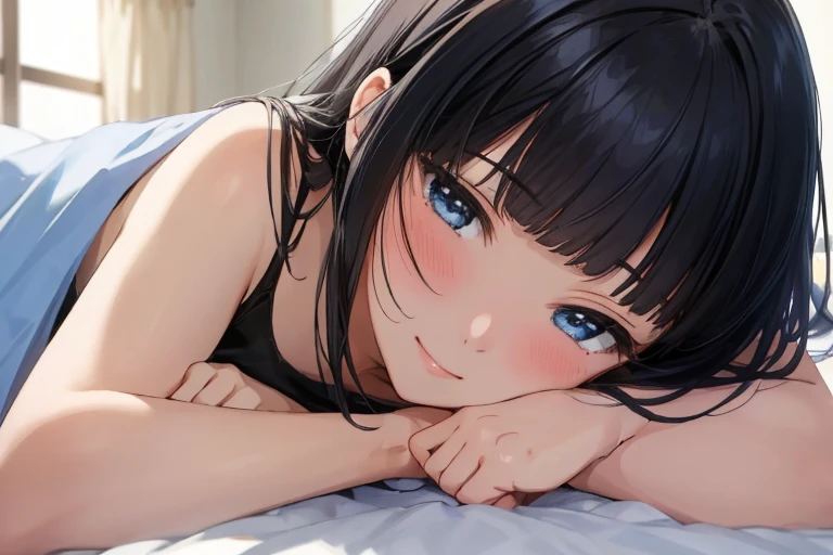 masterpiece、Highest quality、1 female、Very detailed Black Hair、Blunt bangs blue eyes、Detailed depiction of the eyes smile、blush Tank top Face is close、Face close-up、Bring your face closer Sheetに寝転がる、Lie down Sheet