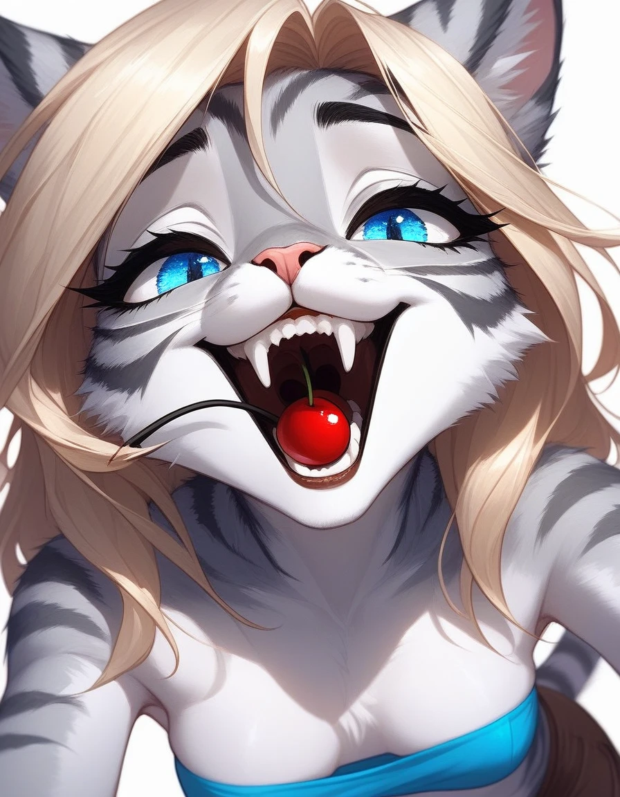 Solo, score_9,score_8_up,score_7_up, source_furry, (Kat, Anthro furry feline girl, adult female, blue eyes, blonde hair, hair in a pony tail, eyes half closed, silver fur, grey stripes, tail), wearing blue bandeau, brown shorts, standing, mouth open, feline teeth, a cherry placed between her teeth, biting on a cherry, smirking, (a cherry in her mouth):1.4, close up