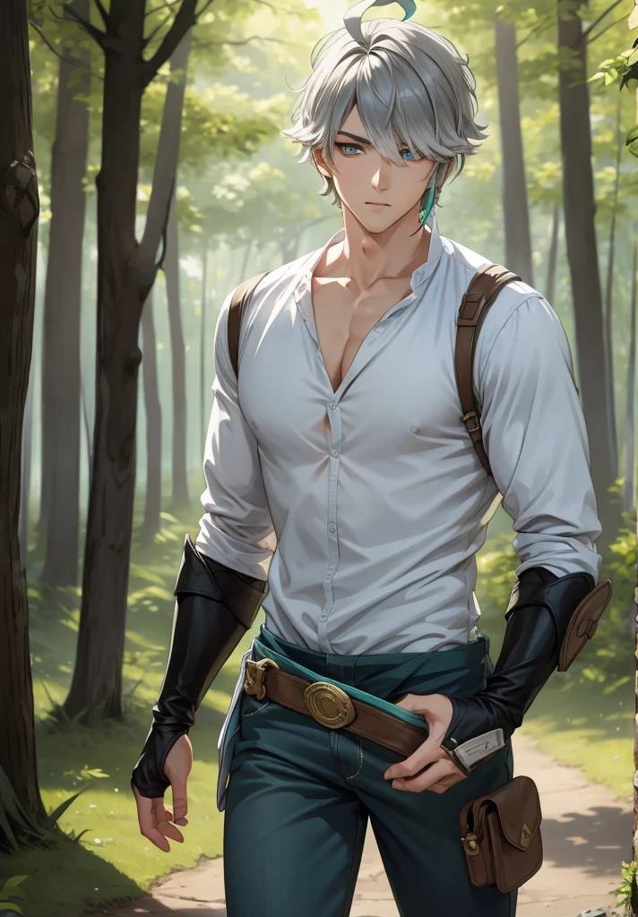 1 child,Alone,male focus,cowboy photo,alhaitham,Grey hair,short hair,Ahoge,green eyes,hair over one eye,shirt,shirt negra,gloves,shirt sin mangas,pants,standing, Pectorals,toned man,looking at the viewer , forest,