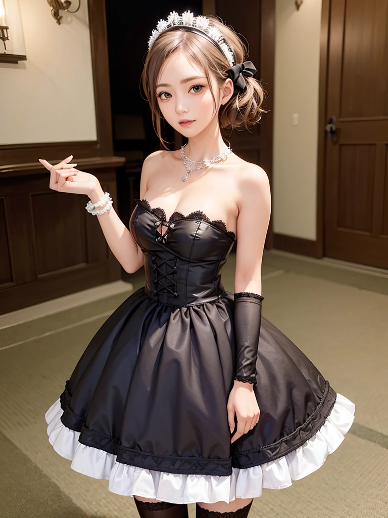 (8K, Photorealistic, Raw photo, of the highest quality: 1.3), (1girl in), Super beautiful, (Realistic face), (boyish, Silver Color Berry Shorthair), Beautiful , Glare that captivates the viewer, Beautiful expression, Beautiful breasts, (Realistic skin), Be...Super high quality, super high definition, super detailed, masterpiece, 20years old, female, cute, perfect face, beautiful, nice body, gothic lolita clothes, gothic lolita fashion, frilly skirt, headdress, necklace, bracelet, knee-high socks, boots, double eyelids, tear bags, Detailed down to the fingers, photo-like description, indoors, dim indoor lighting, blonde hair, pony tail, standing, whole body, composition that shows the whole body, smiling